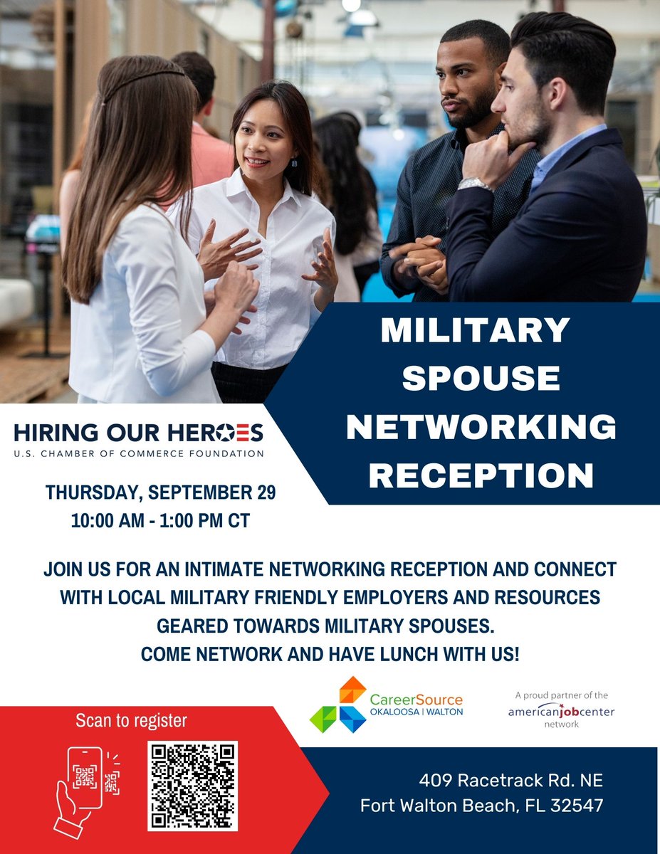 careersourceow's tweet photo. ATTENTION MILITARY SPOUSES!!
CareerSource is joining forces with Hiring Our Heroes to host the first Military Spouse Networking Reception next week, September 29.
We will have local employers that have open positions for military spouses and guest speakers 
Lunch will be provided https://t.co/ZFXyneHmXL