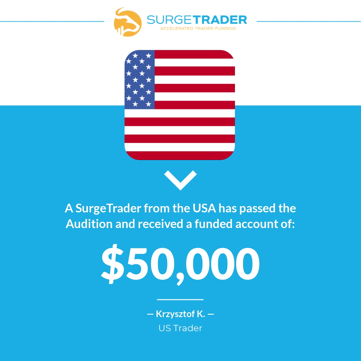 SurgeTraderPro's tweet image. Congratulations to Krzysztof K., a SurgeTrader from the USA, on passing the SurgeTrader Audition and receiving a fully funded account of $50,000. Learn how you can get funded up to $1M at zpr.io/K5nVWUXkvmz5