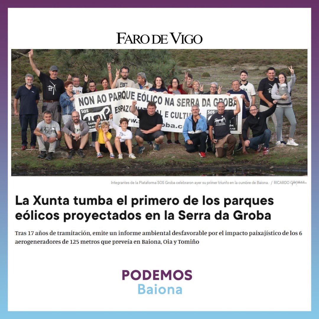 PodemosBaiona's tweet photo. Nova vitoria da xente! 🙌
A enorme labor da Plataforma #SOSGroba do @de_iem coa forza da veciñanza, loitando xunta por unha Serra da Groba libre de eólicos! 💪
Onte celebramos xuntos/as a noticia!
📰 https://t.co/mvbQguYT8b https://t.co/GHP4Aeb31l