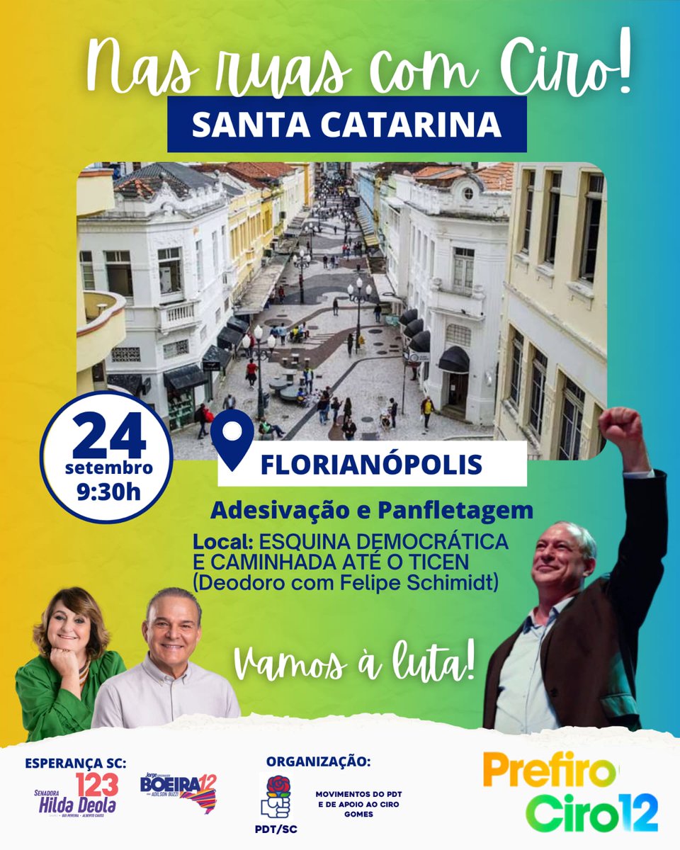 todoscomcirosc's tweet photo. Amanhã estaremos no centro de Floripa, na esquina democrática, para levar esperança de um projeto de desenvolvimento para o Brasil! Vem com a gente! Leve sua bandeira, vista sua camiseta, adesive o seu carro e sua janela. É hora de fazer valer nosso voto! 🌹🙌
#CiroPresidente12 https://t.co/89uHUXJNlu