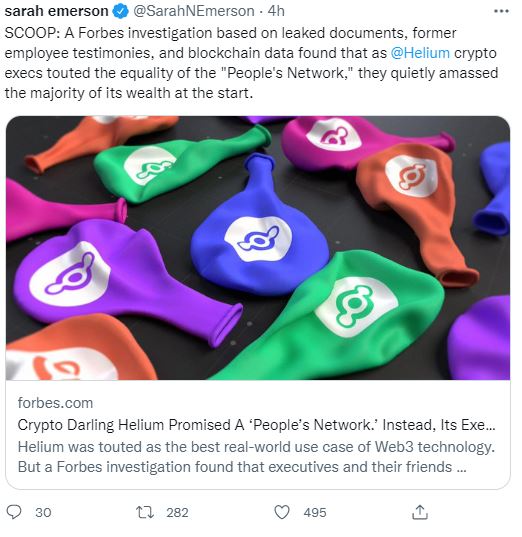 Jason Opdyke (@therokchain) on Twitter photo Forbes <a href="/SarahNEmerson/">sarah emerson</a>, <a href="/DavidJeans2/">David Jeans</a>, and <a href="/_pheebini/">Phoebe Liu</a> have an article up alleging <a href="/helium/">Helium🎈</a> executives and their friends "quietly amassed the majority of its wealth at the start". Is this true? Let's 🧵 it out... Forbes <a href="/SarahNEmerson/">sarah emerson</a>, <a href="/DavidJeans2/">David Jeans</a>, and <a href="/_pheebini/">Phoebe Liu</a> have an article up alleging <a href="/helium/">Helium🎈</a> executives and their friends "quietly amassed the majority of its wealth at the start". Is this true? Let's 🧵 it out...