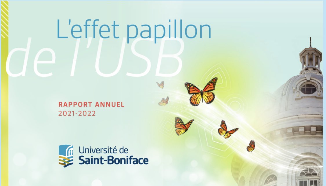 LisePinkos's tweet photo. Le papillon: symbole de fragilité et de résilience, tout comme notre communauté Franco-manitobaine et son université @ustboniface! Merci @sbouffardUSB d’avoir si bien présenté l’effet papillon de l’Université de Saint-Boniface dans sa communauté.  https://t.co/CrcrgCItIz https://t.co/xvNdVbFJsy
