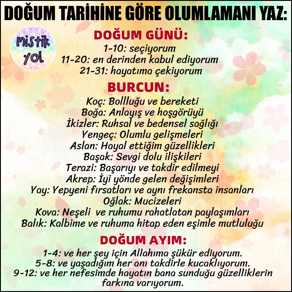 DOĞUM TARİHİNE GÖRE OLUMLAMANI YAZ: #mistikyol