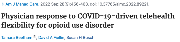 YaleADM's tweet photo. Newly published, @tamarabeetham et al examined how #telehealth preferences + practices evolved during the #COVID19 pandemic among physicians who treat OUD. Finding suggest overwhelming support for post-pandemic telehealth use + loosing of restrictions. https://t.co/4Kgn1x083m https://t.co/K77zAFWiwf