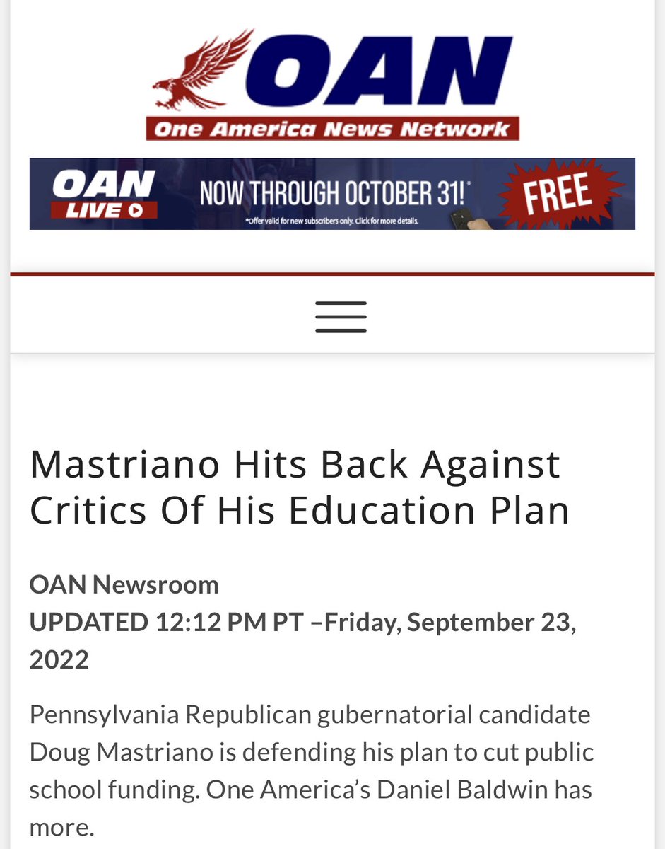 Even OANN stating this plainly: “Pennsylvania Republican gubernatorial candidate Doug Mastriano is defending his plan to cut public school funding.” #PAGOV
