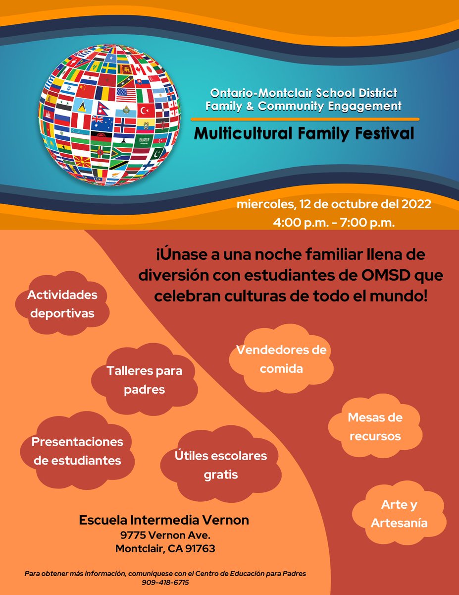 OMSD is hosting our Inaugural Multicultural Family Festival on Wednesday, October 12, 2022 from 4:00– 7:00 PM at Vernon MS. Join us for parent classes, student activities/sports, student performances, arts &amp; crafts and many resources. <a href="/OMSD_FCE/">OMSD Family & Community Engagement</a>