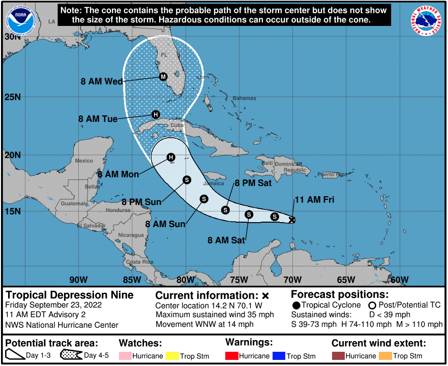 FMITAlert's tweet photo. FMIT Alert Level 3: Moderate - Tropical Depression 9 Continuing to Move West-Northwest Through The Caribbean; Still Expected to Become a Tropical Storm Later Today. Potential Major Hurricane Threat to FL Next Week. Additional Information at https://t.co/UJrqB5d2jA https://t.co/uxedFeXulM