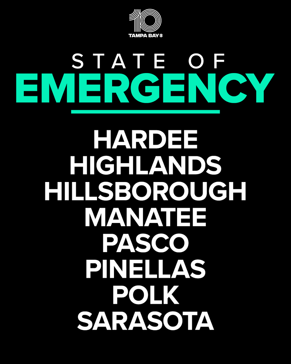 10TampaBay's tweet photo. BREAKING: Governor DeSantis has issued a State of Emergency for 24 Florida counties, including eight in our Tampa Bay viewing area, as the state prepares for the potential impacts from Tropical Depression Nine. https://t.co/a8wWkr6CvD