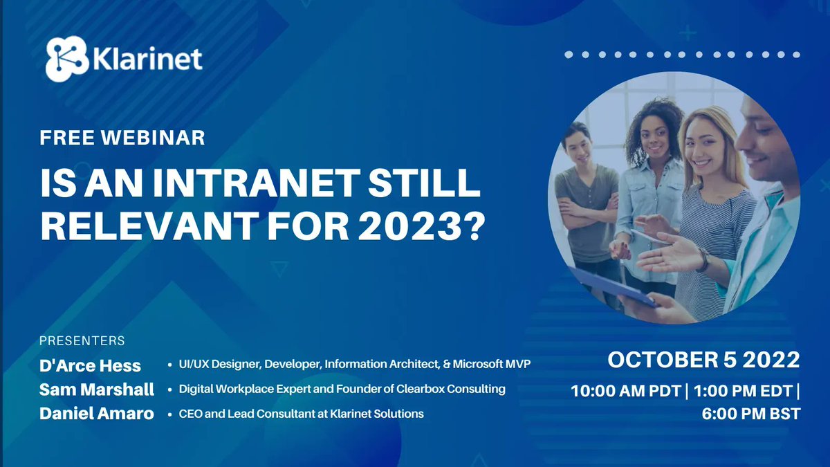 SPKlarinet's tweet image. Has the dramatic adoption of #MSTeams , the roll-out of #MSViva, and  myriad other new #internalcommstools left you wondering if you really need an #intranet? Join this webinar with our panel of #digitalworkplace experts to find out! buff.ly/3TWN5Ps