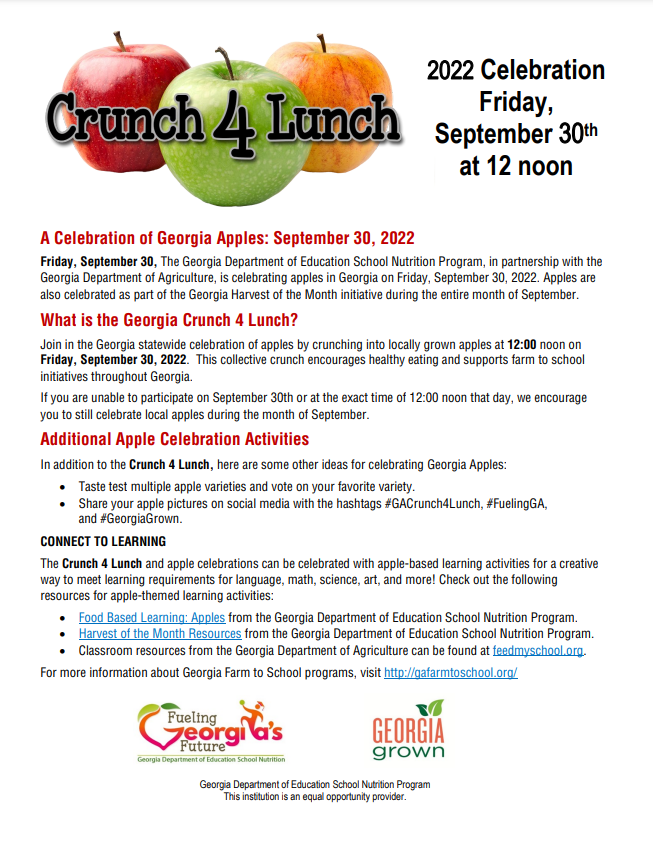 GaDOENutrition's tweet photo. Get ready to Crunch4Lunch one week from today! Tag us in your photos using #FuelingGA
@georgiadeptofed #FuelingGA #KeepGAFed #KeepGALearning https://t.co/nkxNE3Py7S