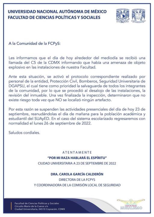 Aviso a la Comunidad de la FCPyS 

23 de septiembre de 2022