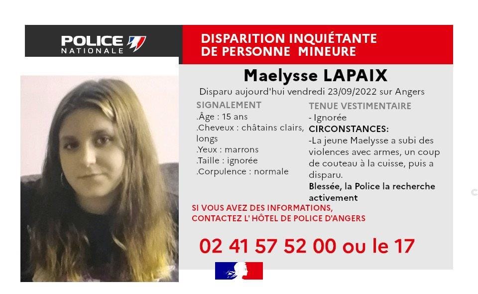 🔴 Avis de recherche d'une mineure de 15 ans blessée à la cuisse et disparue ensuite, depuis ce vendredi à #Angers.