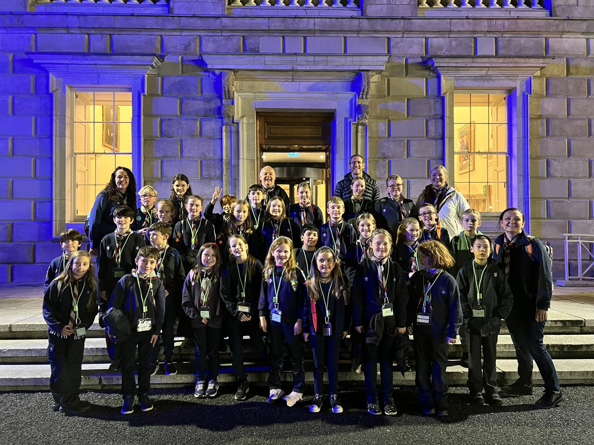 OireachtasNews's tweet photo. #CultureNight2022 - the 132nd Bayside Scouts don’t say “Cheese”, when posing for a pic, they shout “Wolfpack”! Full of excitement to have taken a tour of #LeinsterHouse tonight for #CultureNight

#OícheChultúir #Seanad100 #SeeForYourself https://t.co/oho6tjZPyB