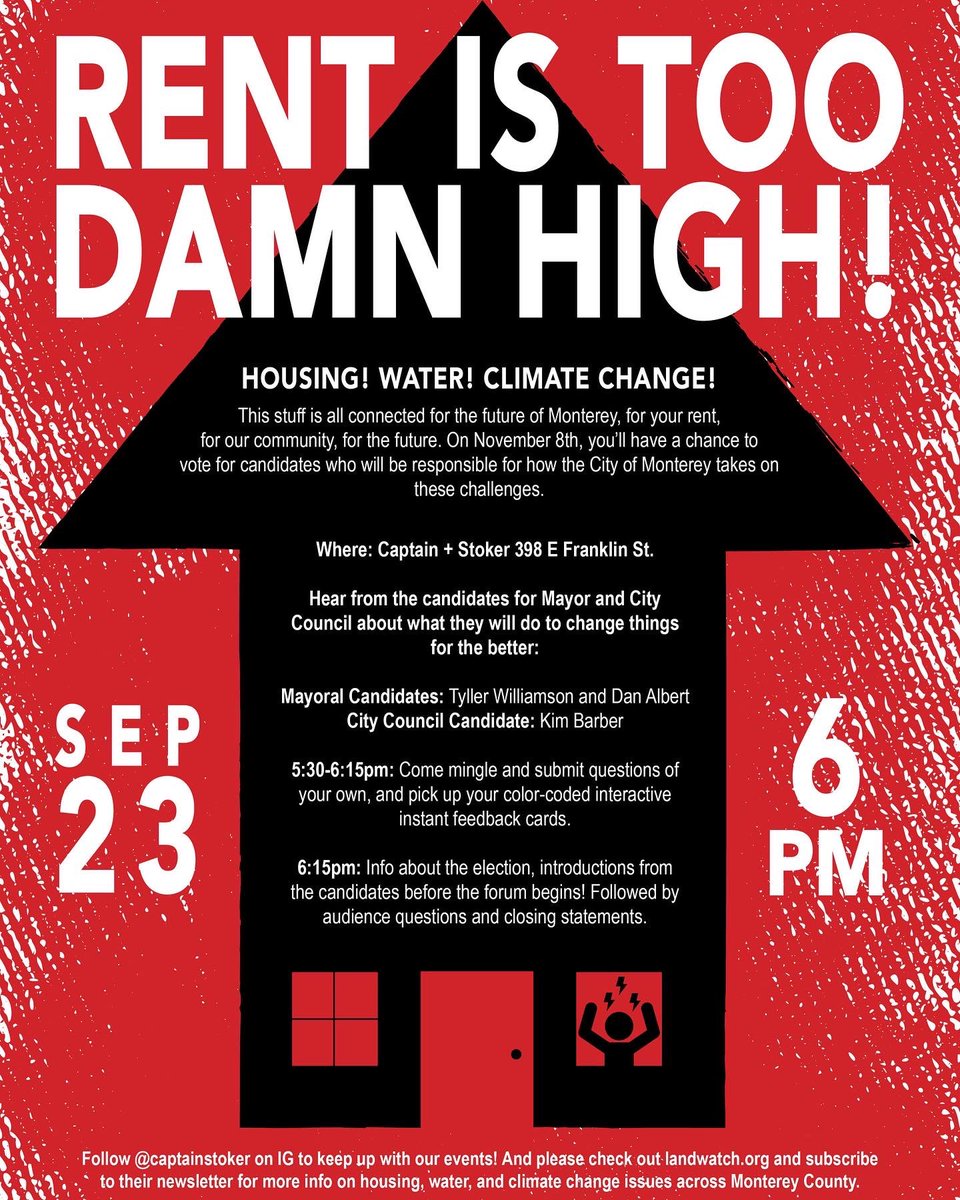 Tonight will be a candidates forum at Captain+Stoker. Come check it out! So pumped to answer challenging questions and hear from locals about issues important to them.

Have a beautiful weekend. Now let’s go #MoveMontereyForward!