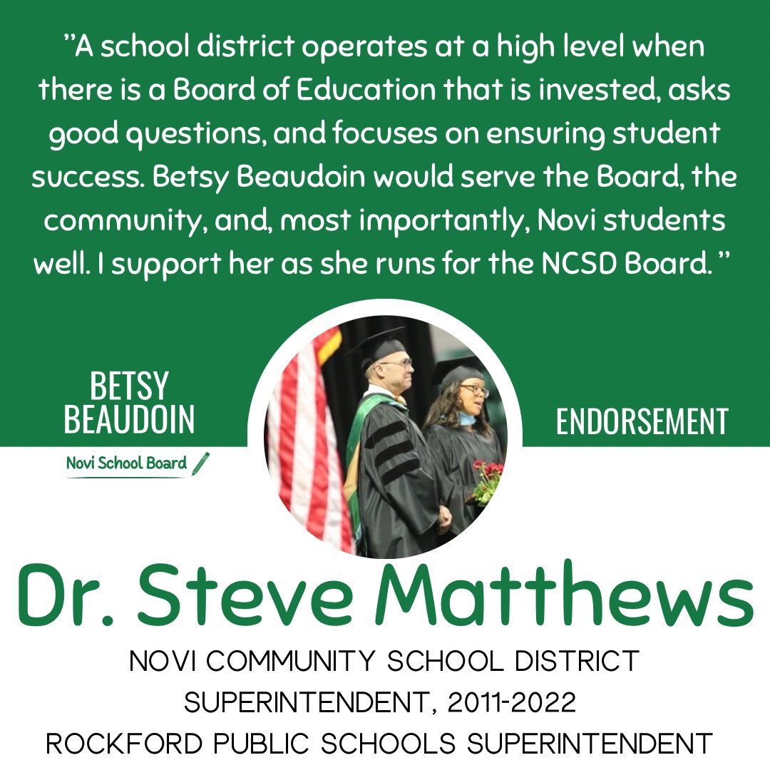betsy4ncsd's tweet image. Dr. Matthews’ endorsement is humbling. I have such admiration for his service to @NCSD from 2011-22. Not only did he lead NCSD to the #1 district in Michigan, but he did so with kindness, respect &amp;amp; love for his students &amp;amp; staff. Thank you, Dr. Matthews, for your confidence in me!