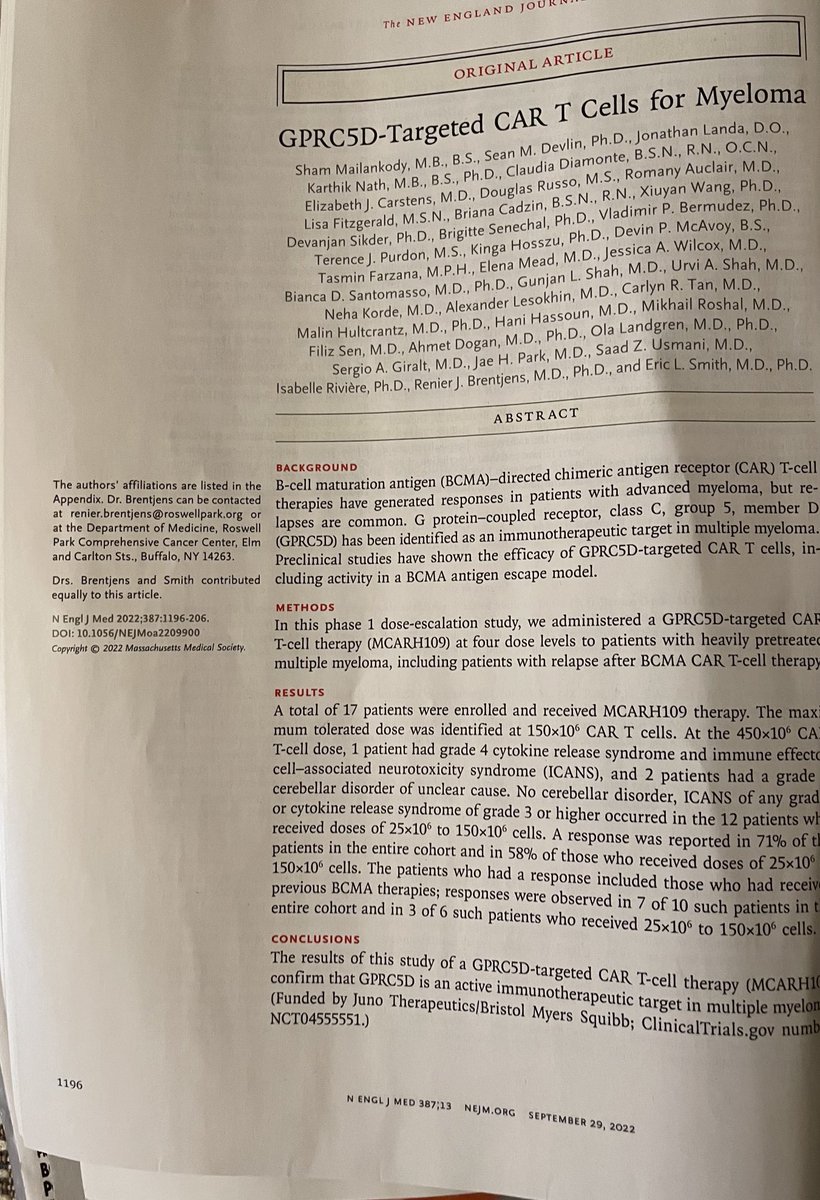 docbraunstein's tweet image. Great work by Sham Mailankody, ⁦@ESmithMDPhD⁩, and team on #GPRC5D #CART in #myeloma #mmsm