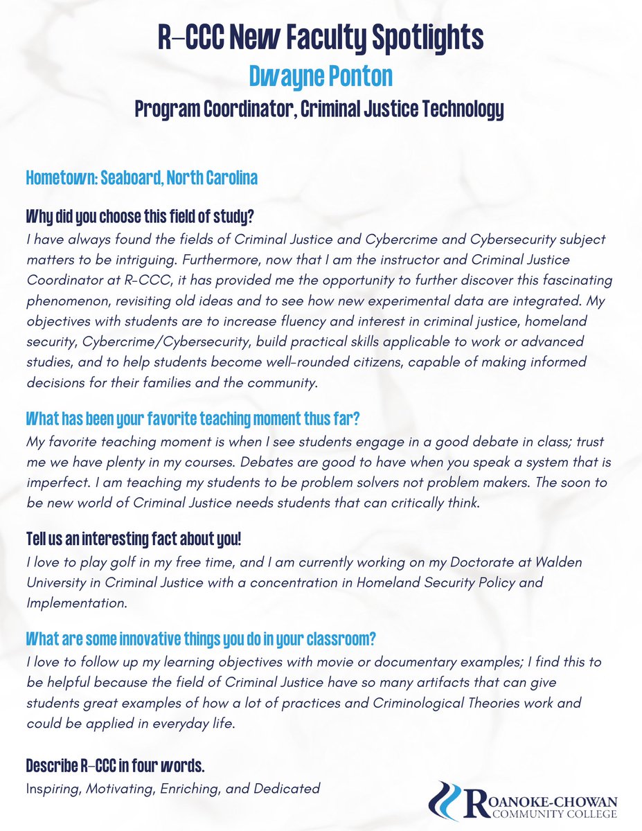 RoanokeChowanCC's tweet photo. In the sixth edition of our New Faculty Spotlights, we would like to introduce Mr. Dwayne Ponton to our faculty as Criminal Justice Technology Program Coordinator!

#DiscoverRCCC https://t.co/48nYe3jCua