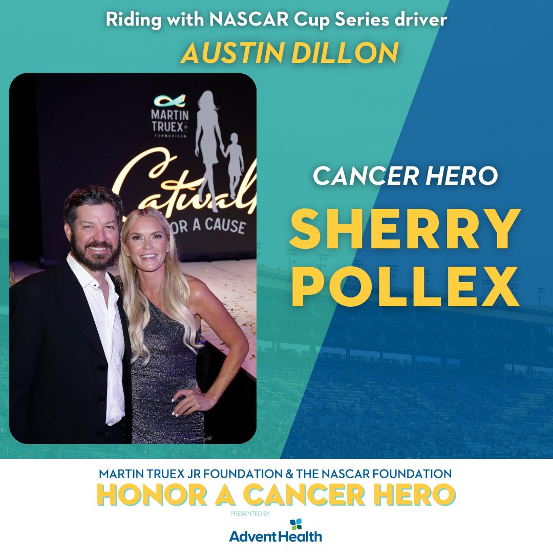 Cancer fighter @SherryPollex is riding with @austindillon3 this weekend at Texas. Sherry is the epitome of strength, courage, and resilience.

@NASCAR_FDN | @AdventHealth
#HeroesRideAlong #NASCAR #NASCARPlayoffs