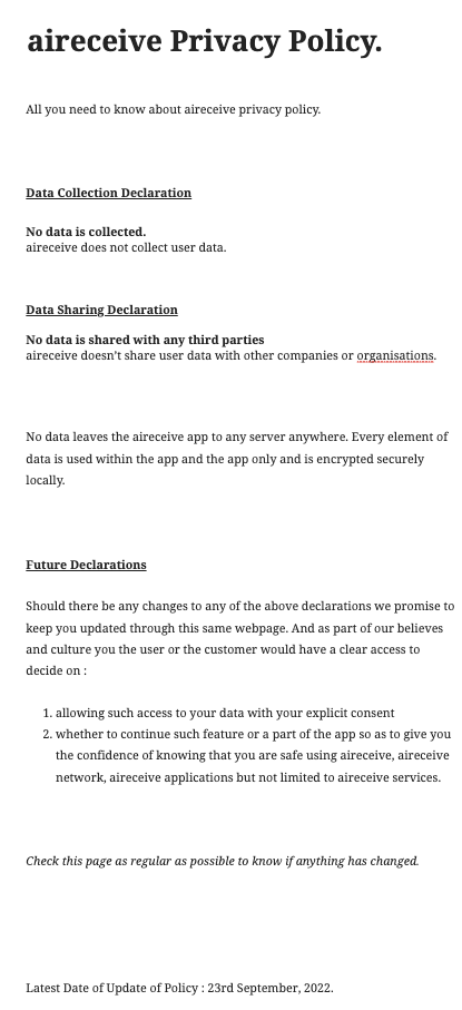 aireceive's tweet photo. All you need to know about aireceive privacy policy.

No data is collected.
aireceive does not collect user data.

No data is shared with any third parties
aireceive doesn’t share user data with other companies or organisations.

https://t.co/6nesg4Vdan https://t.co/u1mJHwgGua