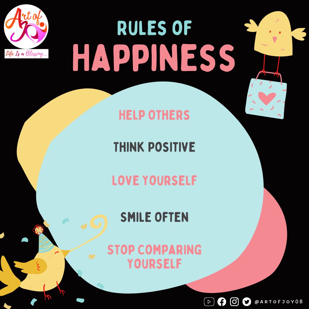 artofjoy08's tweet photo. 𝐑𝐮𝐥𝐞𝐬 𝐨𝐟 𝐇𝐚𝐩𝐩𝐢𝐧𝐞𝐬𝐬 😃
* Help Others
* Think Positive
* Love Yourself
* Smile Often
* Stop Comparing Yourself
@ArtOfJoy08
#happiness #smile #loveyourself #selflove #peace #mentalpeace #happysolu #happy #quoteoftheday #trendingtoday #artofjoy08 #innerbeauty #behappy https://t.co/rk9u3HdZzH