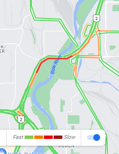 Couple of slowdowns on Deerfoot Trail SE. Debris has fallen onto ramp off NB Deerfoot -- specifically NB Heritage Meadows Road, so drivers are slowing on exit. Then, a stall on Deerfoot on Calf Robe Bridge on NB LH side of road. #DeerfootDelaysDeveloping #ABRoads #yyctraffic