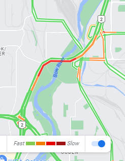 NewsRadioCGY's tweet photo. Couple of slowdowns on Deerfoot Trail SE. 

Debris has fallen onto ramp off NB Deerfoot -- specifically NB Heritage Meadows Road, so drivers are slowing on exit.

Then, a stall on Deerfoot on Calf Robe Bridge on NB LH side of road.  #DeerfootDelaysDeveloping
#ABRoads #yyctraffic https://t.co/N7v7SqroZ5