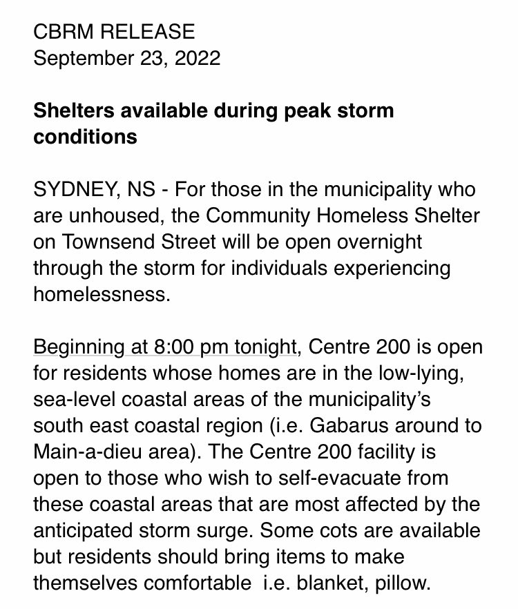 RyanMacD_CTV's tweet photo. NEW:  Homeless shelter in Sydney open overnight, along with C200 for people in coastal areas who want to evacuate.  ⁦@CTVAtlantic⁩ #Fiona https://t.co/HMt1xq5dpb