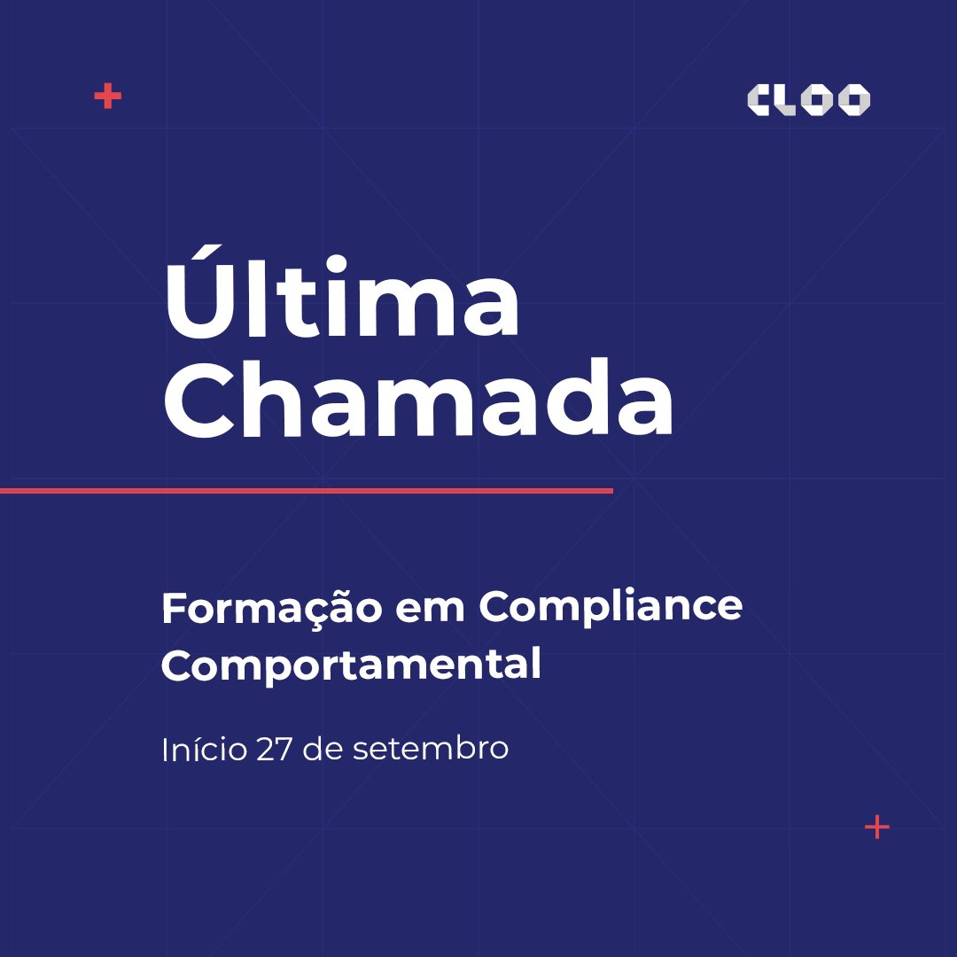 Essa é a última chamada para a NOVA TURMA da nossa Formação de Compliance Comportamental - Fundamentos e Práticas, com 10 HORAS de duração.

Para saber mais sobre a Formação, basta acessar: cloo.pt/compliance-com…