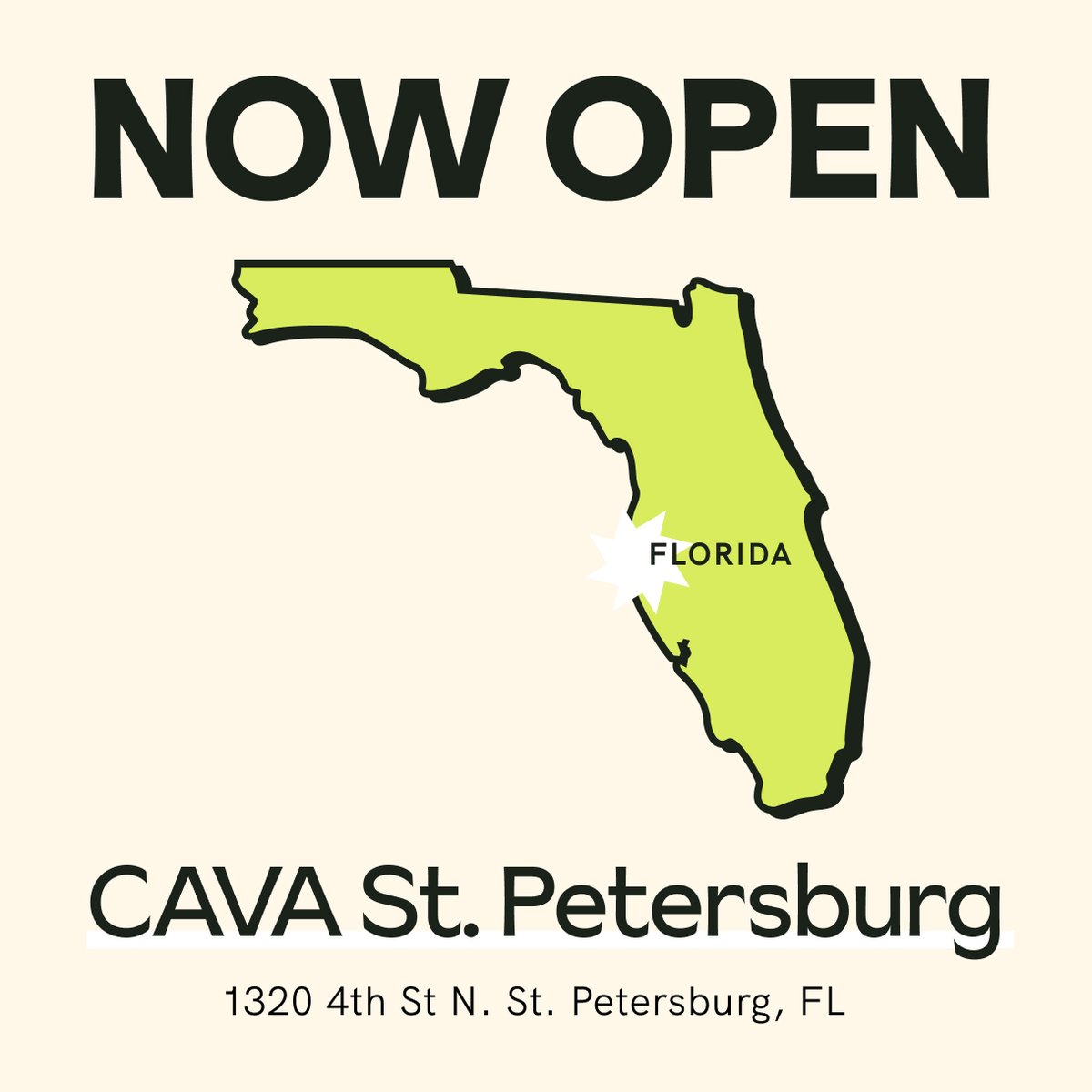 cava's tweet image. Florida! CAVA St. Petersburg is now open! You can find us (and our hummus) at 1320 4th Street N, St. Petersburg, FL. We can't wait to see you soon!