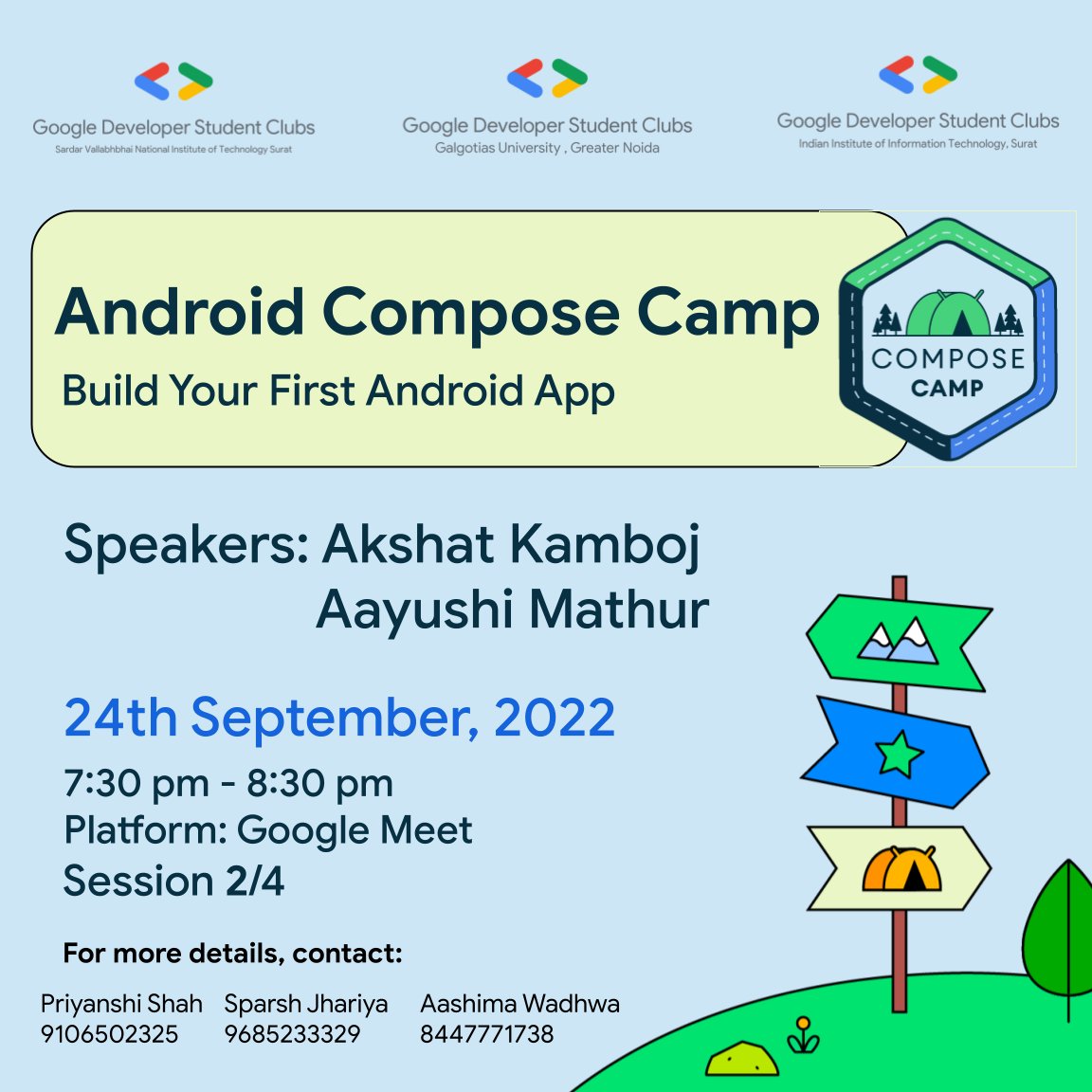 GDSC_GU's tweet photo. Greetings Everyone!!
It’s time to head to the Second Session of the Android Study Jams of GDSC-GU in collalaboration with GDSC-SVNIT and GDSC-IIIT Surat which will be packed with useful insights.
Venue: https://t.co/TcMHdL4vR3 
Date: 24/09/22
Register here:https://t.co/rugISTuhyl https://t.co/PD9rT3aHRP
