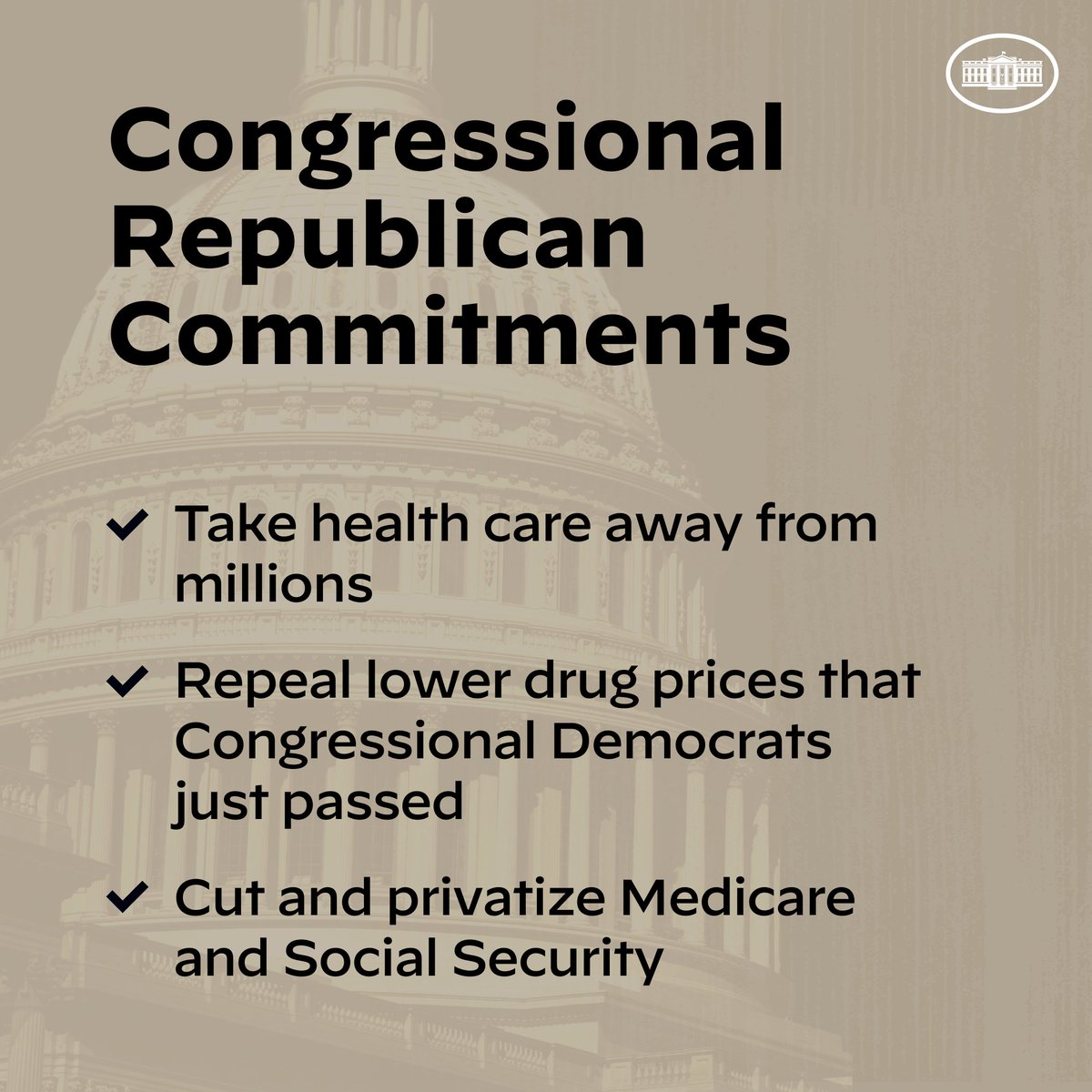 WhiteHouse46's tweet photo. Democrats in Congress passed a law to lower drug prices and make health insurance more affordable. Republicans in Congress want to repeal it. #GOPCommitments https://t.co/lnJnQcevnp