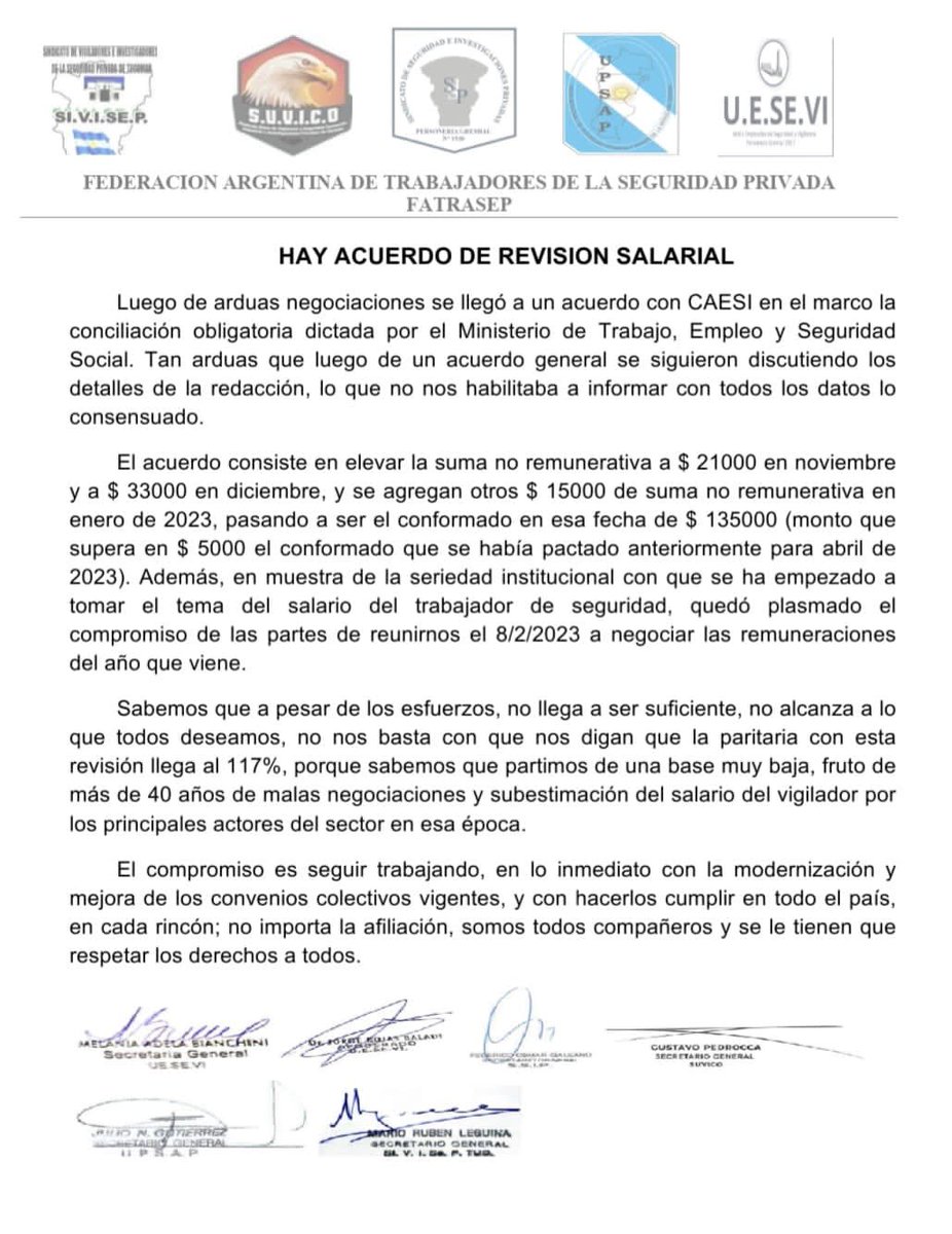 Julio_G_Ok's tweet photo. Sabemos que a pesar del gran esfuerzo que hicimos todos juntos, no llega a ser suficiente, no nos basta con que esta paritaria llegue con su revisión a un 117%
#fatrasep #caesi #acuerdosalarial #paritarias #TenemosConQue #seguridad #seguridadprivada #Gremiales @MinSeg @C5N https://t.co/mMnA6bk0R7