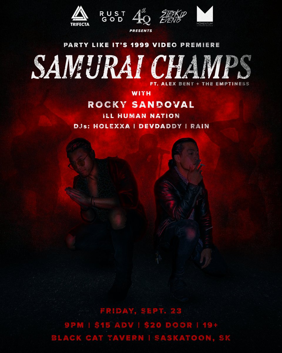 Tonight! Sep. 23, 2022
<a href="/SamuraiChamps/">Samurai Champs</a>
<a href="/iamalexbent/">Alex Bent + the Emptiness</a> 
<a href="/rockycsandoval/">Rocky Sandoval</a> 
+ more! Lets party!

#blackcatyxe #saskatoon #yxe #broadwayyxe
