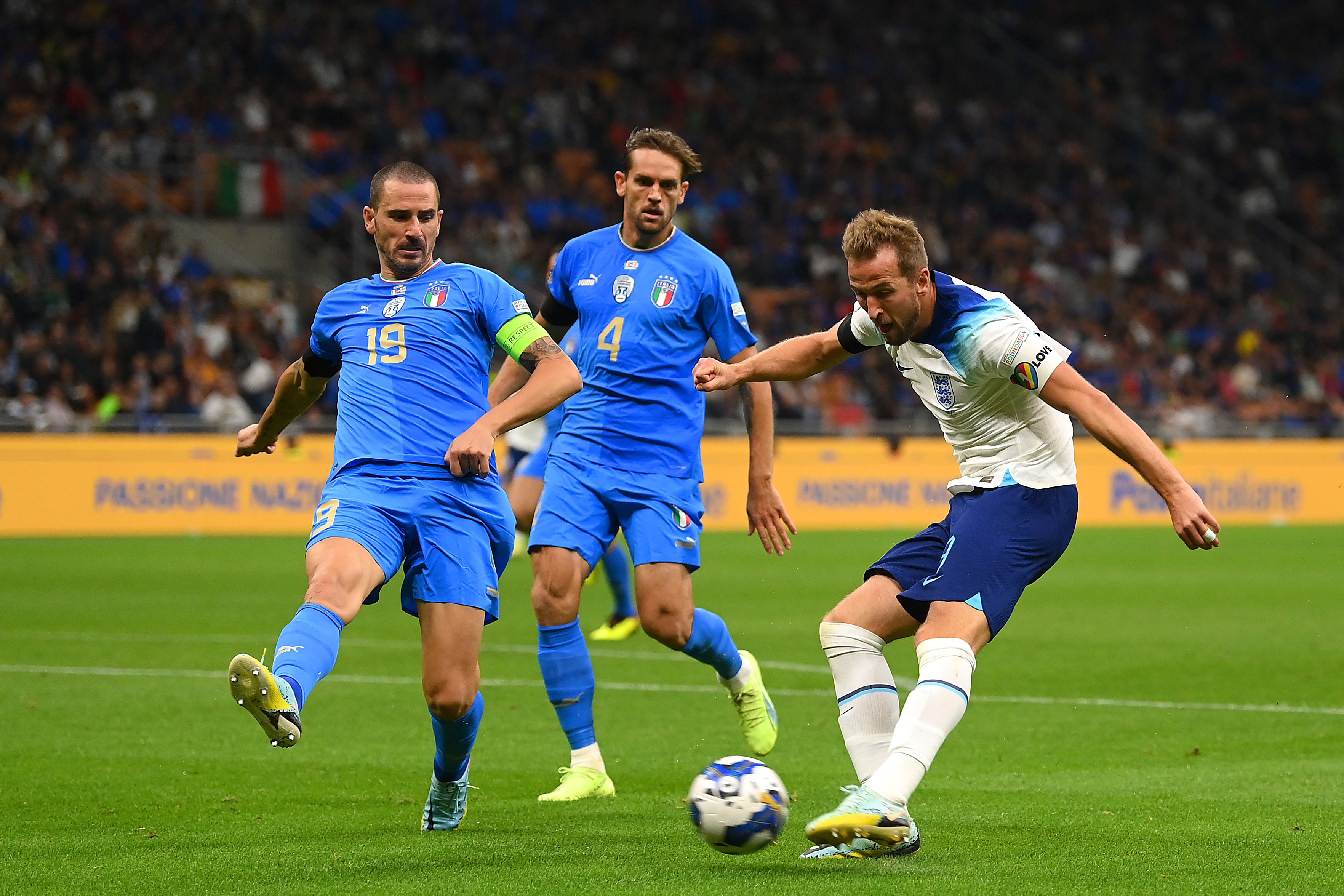 Harry Kane shoots at goal during Italy v England.