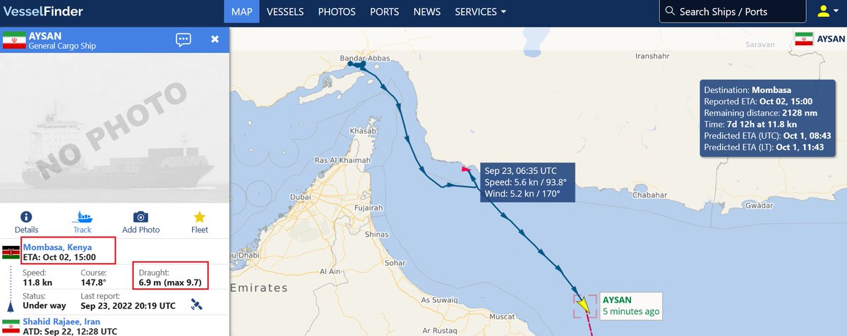 Istihbarat1800L's tweet photo. * Vessel Of Interest*
#AYSAN-General Cargo Ship.
#IMO9165803/ MMSI 422032500.
Departed from Bandar Abbas, IR, and is heading towards Mombasa, Kenya, with a short stop at BEJ anchor.
Draught: 6.9m (max 9.7).
Listed in the OFAC Sanctions list, linked to the IRISL/IRGC.
#Maritime https://t.co/zjOxdrS811