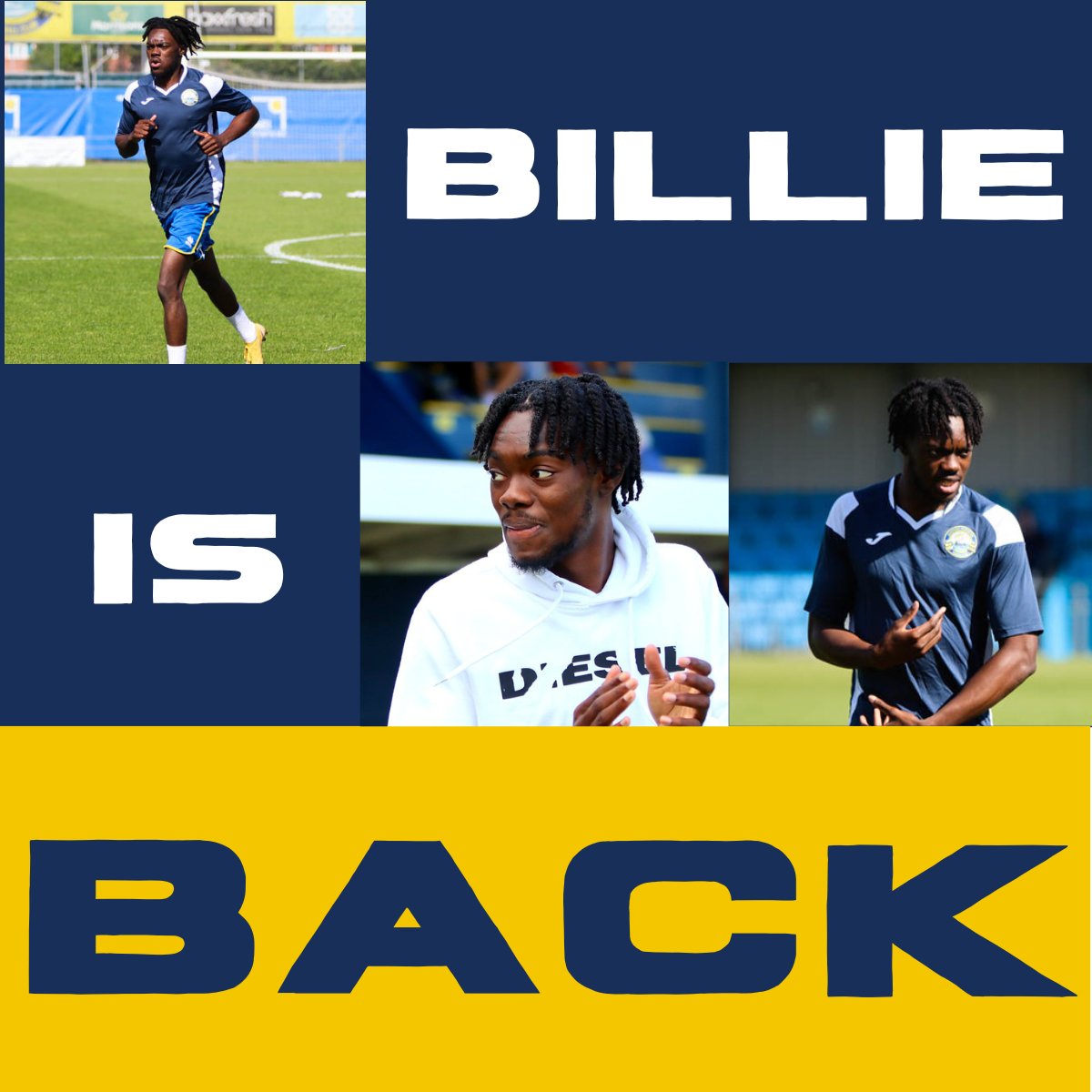 GosportBFC's tweet photo. GET HIM ON THE P̶L̶A̶N̶E̶ COACH

Billie Busari is in the squad for tomorrow's fixture 👏

#OurHaven💛💙 https://t.co/VGdsoONBXU