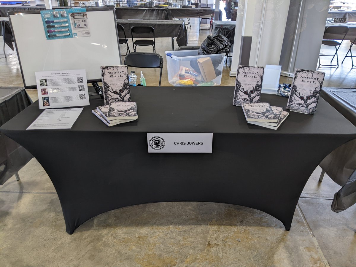TheJowers's tweet photo. All set up at @MemphisComicExp ! Come see me Saturday and Sunday! Necessary Evil on sale for $15! Uplifting voice messages and my charms are free. 😁 https://t.co/YY6hOEyX93