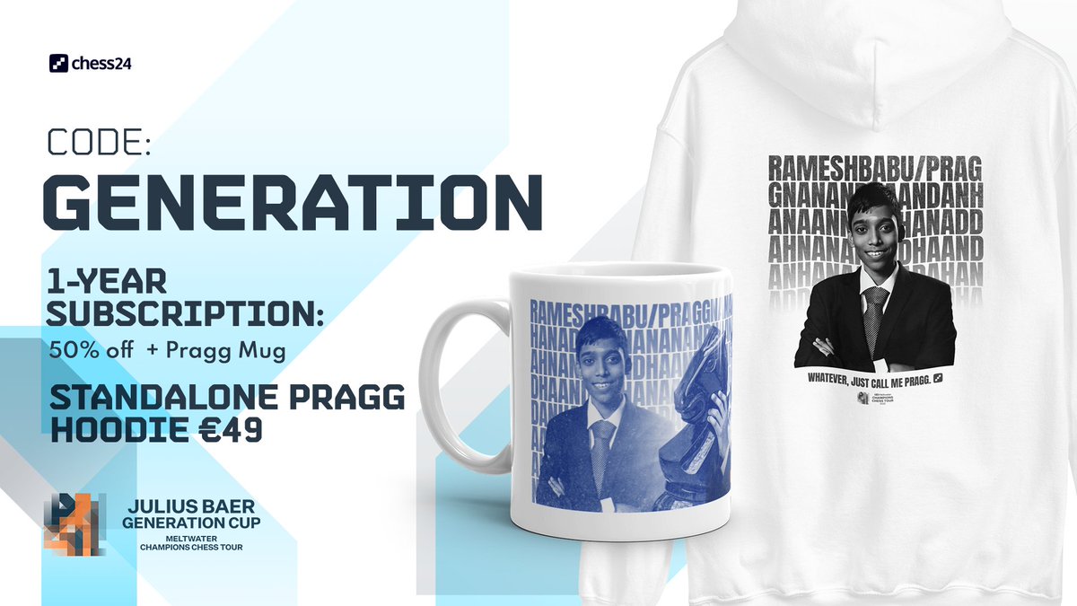 #JuliusBaerGenerationCup SALE! - Use the code GENERATION and get 50% Off 1-Year Premium + Free Pragg Mug! new.chess24.com/premium/?utm_m… - Get the Standalone Pragg Hoodie for €49 shop.chess24.com/products/pragg… #ChessChamps