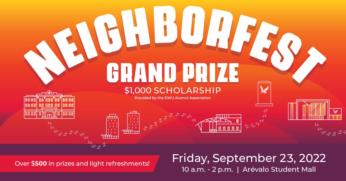 EWUalumni's tweet photo. 1/2 Today is #Neighborfest at @EWUEagles! Neighborfest is EWU's largest community networking event. Each year, over 150 different groups who share information about their organizations, including student organizations, on-campus departments, and local EWU partners. https://t.co/3ICblkLZac