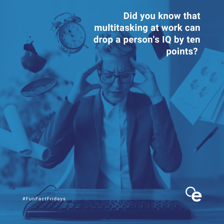 officeedge's tweet photo. Did you know that multitasking at work can drop a person's IQ by ten points, which is equivalent to losing a night of sleep and twice the effect of smoking marijuana? #FunFactFriday https://t.co/MdNU8fh6Y0