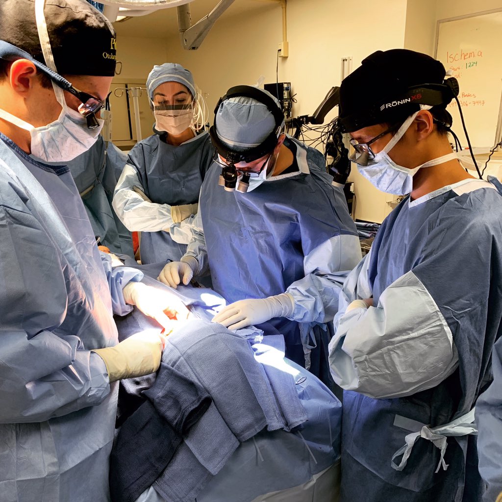 OtoPitt's tweet photo. Check out @MarkKubikMD and PGY5 Dr. Jimenez working with PGY 3 Dr. Fung to prep the inset of a free flap. #chiefresident #pgy3 #freeflap #otolaryngology #surgicaleducation #ent https://t.co/EEZi5vy8d2
