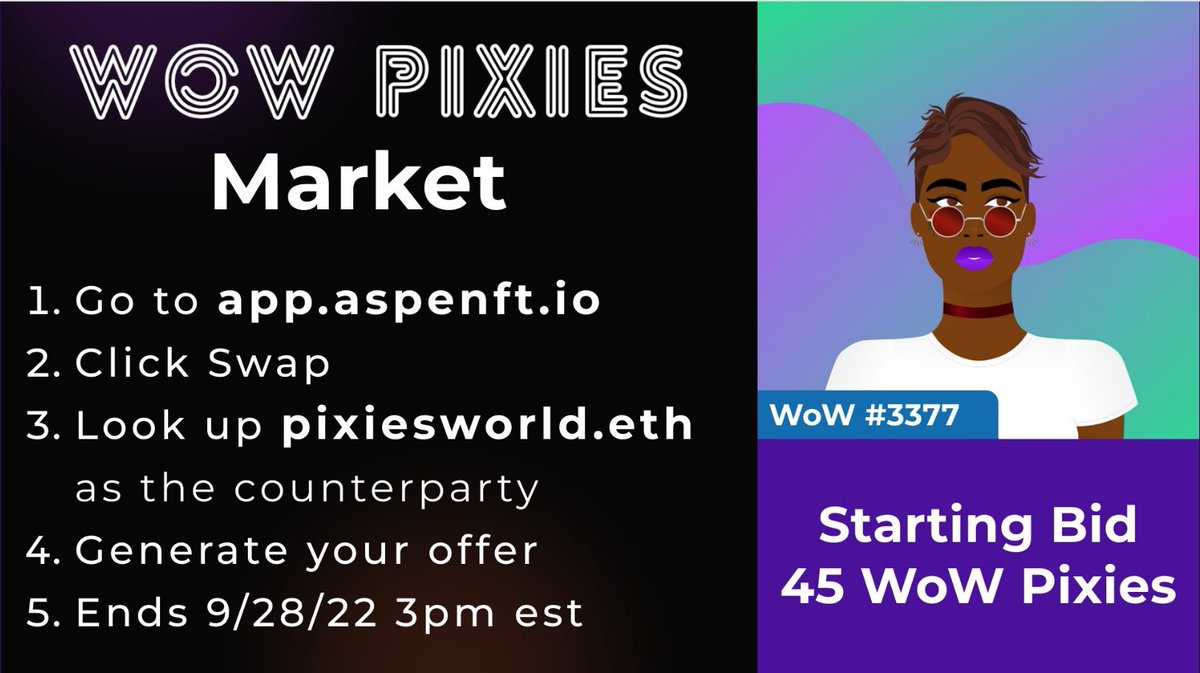 WoWPixiesNFT's tweet photo. ✨PIXIES MARKET IS BACK (and Better)✨

Grab this gorgeous WoW #3377 by trading in your WoW Pixies.

Pixies Market is now powered by 
@aspenft, giving you a safe and secure way to send in offers.

Hurry up. We will accept the best offer by 9/28/22 at 3pm est. https://t.co/Xe6LOdqVRY