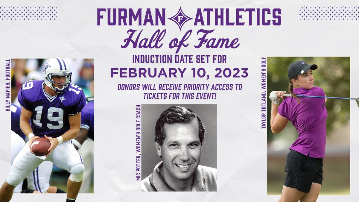 FurmanPaladins's tweet photo. Save the date! The Furman Athletics Hall of Fame Induction Ceremony will take place on February 10th. Donors will receive priority access to tickets for the event. 

📰  https://t.co/pUl4A9SjrF https://t.co/7CigQWNDfR