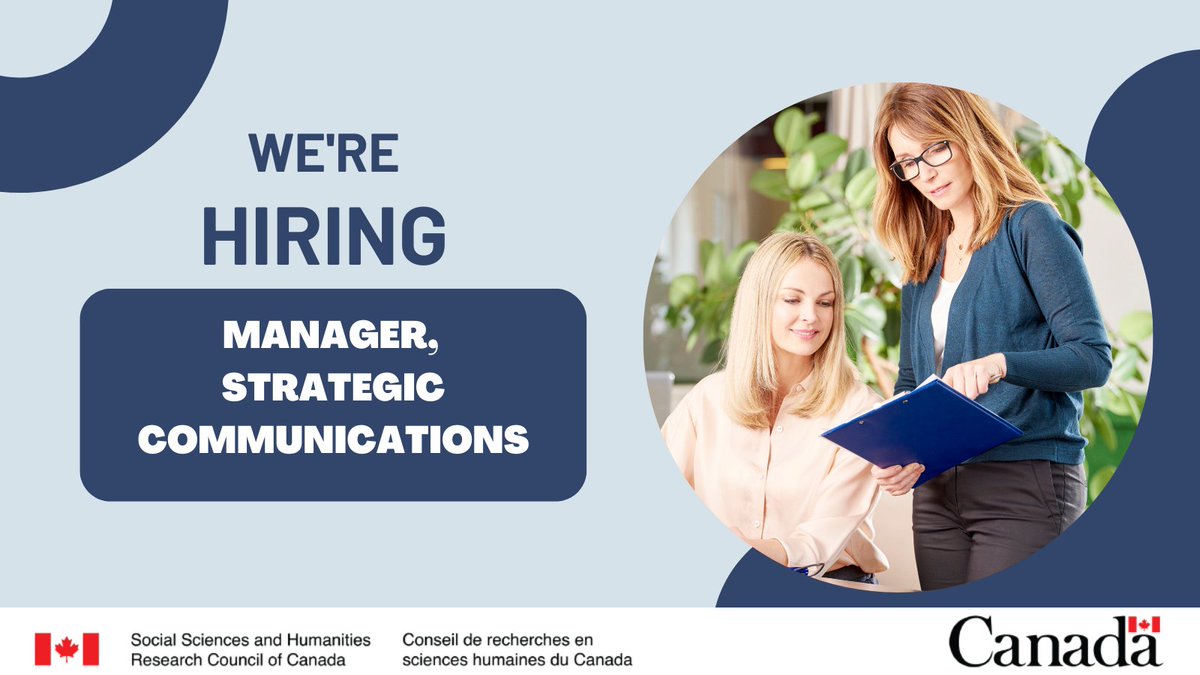 SSHRC_CRSH's tweet photo. 🚨 We’re hiring a manager in strategic communications (GR-09) at #SSHRC!

The manager will lead communications programs, operational planning, and develop internal and external communications strategies in support of SSHRC and/or interagency (@TIPS_SPIIE and #CRCC) programs. https://t.co/45RnNpRIoO