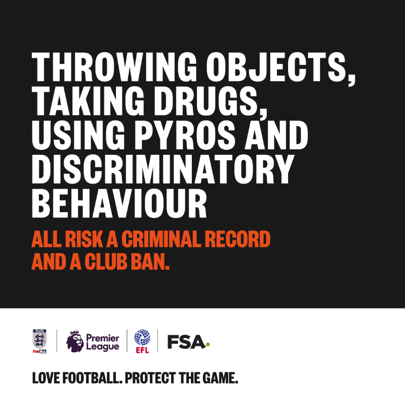 Argyle's tweet photo. ❌ Entering the pitch
❌ Carrying or using smoke bombs or pyros
❌ Throwing objects
❌ Discriminatory behaviour
❌ Taking drugs

Football is coming together to bring in strong measures to tackle antisocial and criminal behaviour.

#LoveFootball #ProtectTheGame