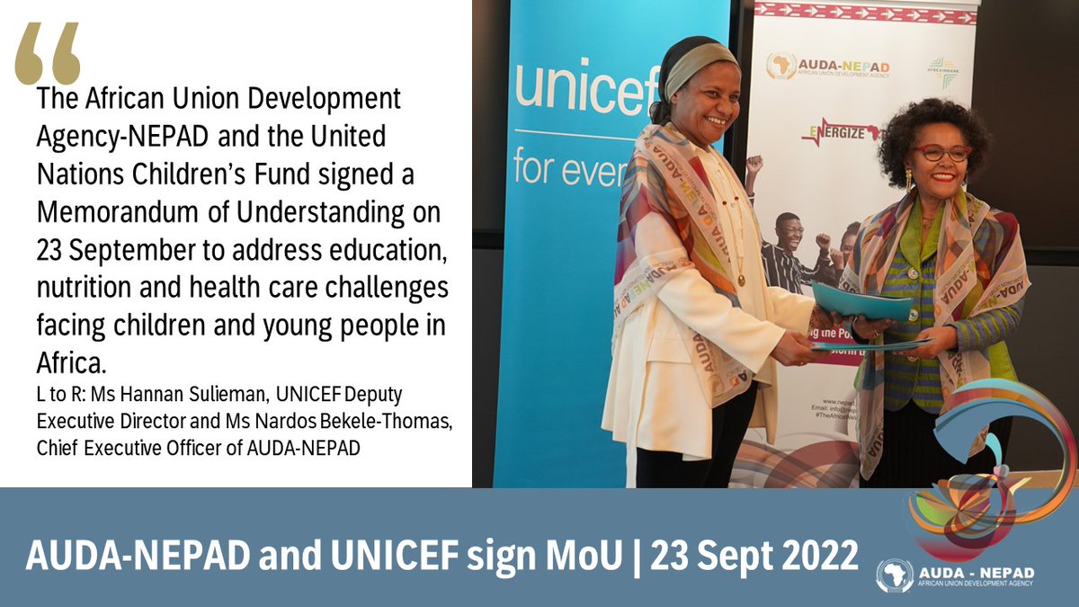 AUDA-NEPAD & UNICEF have signed an MOU to address education, nutrition & health care challenges facing children & young people in Africa. 
@nardosbthomas @UNICEF_AUOffice @unicefchief 
#TheAfricaWeWant #EnergizeAfrica
@amibiaka @SymerreGrey @MdexSA