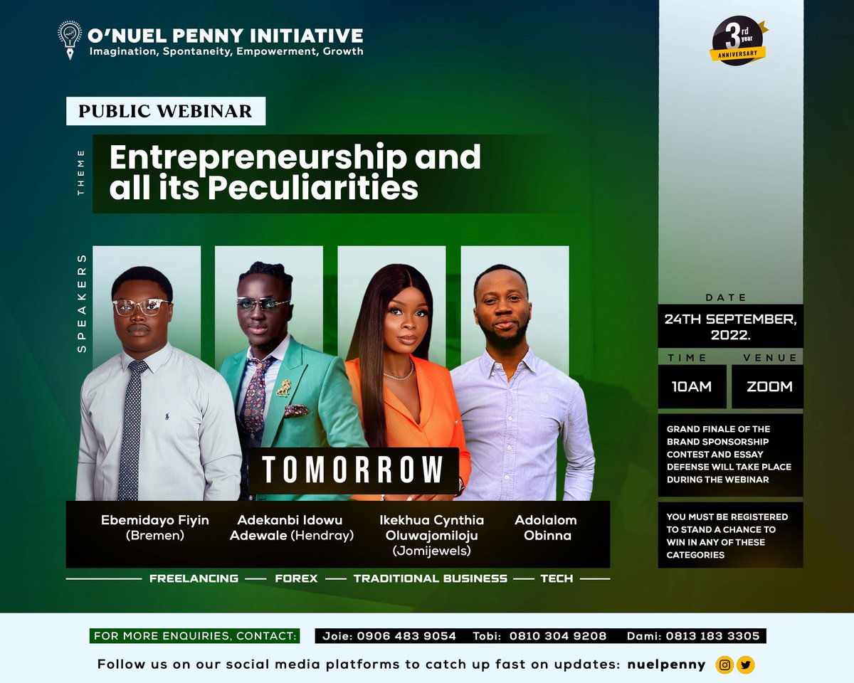 NuelPenny's tweet photo. The webinar is tomorrow 🥳🥳💥
Check your mail for the zoom link if you've registered!

All those who made entries are to prepare to pitch!
Top 5 will be selected! https://t.co/bBO8hrRsVa