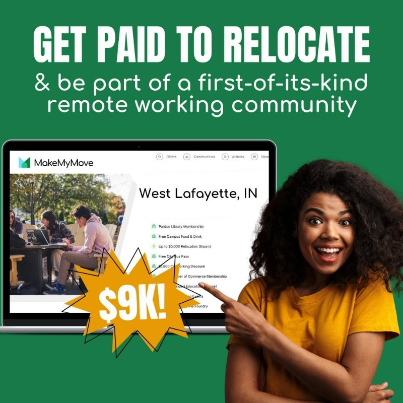 makemymoveusa's tweet photo. Get PAID to MOVE! #PurdueUniversity and #WestLafayette are attracting professionals from all over the U.S. to their #remoteworker community.
Learn more about the #WorkFromPurdue program and how amazing @LifeatPurdue could be for you and your family!