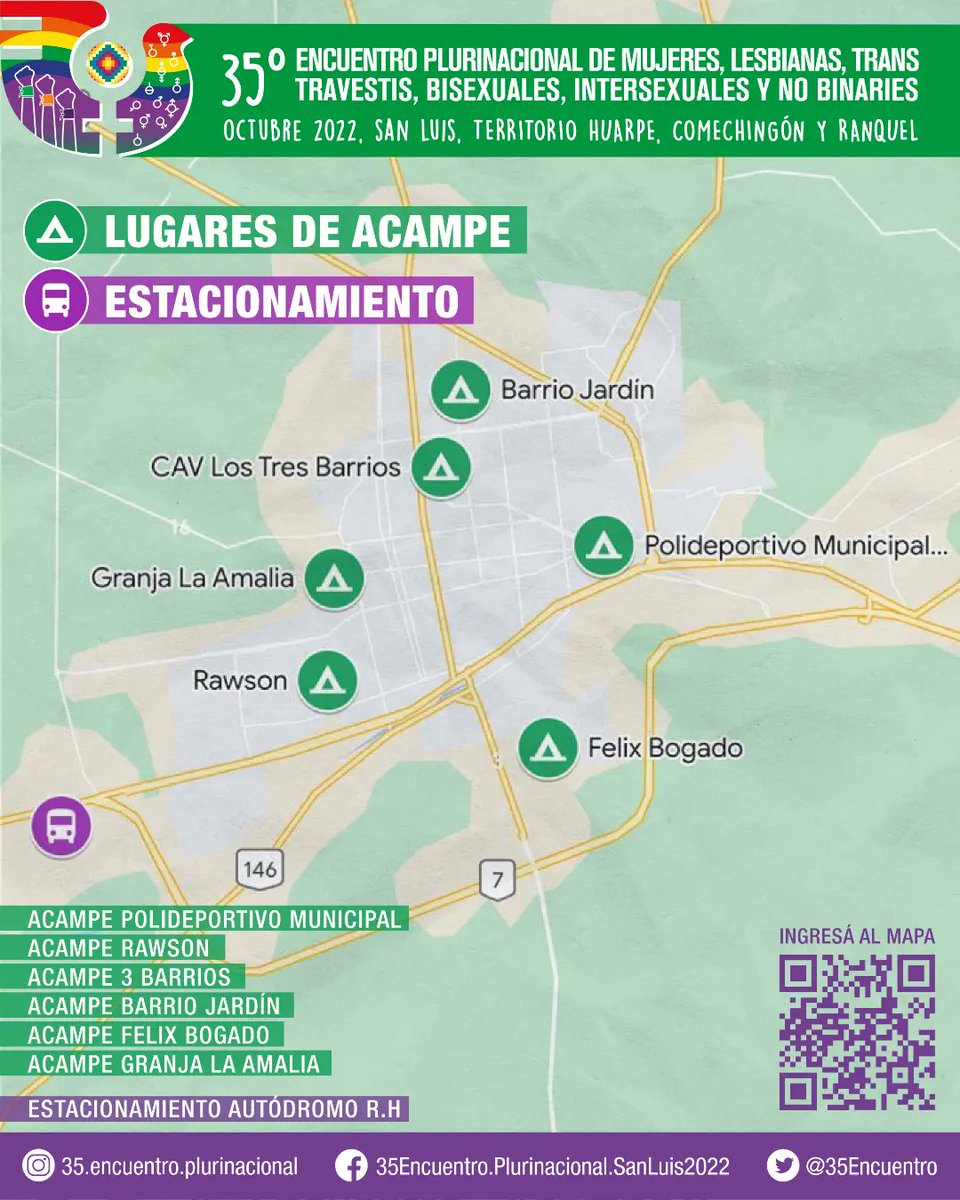 🌈Les contamos que dispondremos de  ⛺6 Lugares de Acampe gratuitos y 🚌 1 Lugar de Estacionamiento gratuito. Todo ello no necesita inscripción y se distribuirá por orden de llegada.

📌En el mapa t.ly/_i8C  están todas las direcciones. 

#35EncuentroPlurinacional