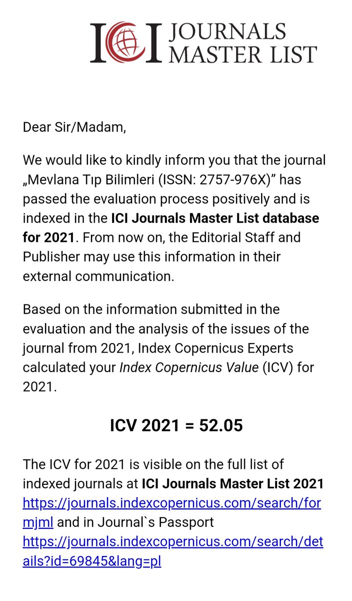 Our Journal is in ICI Master list now👏🏻👏🏻👏🏻
<a href="/NEUniversitesi/">Necmettin Erbakan Üniversitesi</a> <a href="/neubiyak/">NEÜ Bilimsel Yayınlar Koordinatörlüğü</a> <a href="/CemZorlu/">Prof. Dr. Cem Zorlu</a> <a href="/fkaleci/">Fatih KALECİ</a>